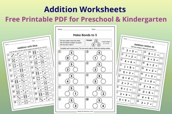 Free printable addition worksheets for preschool and kindergarten