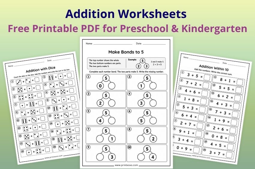 Free printable addition worksheets for preschool and kindergarten