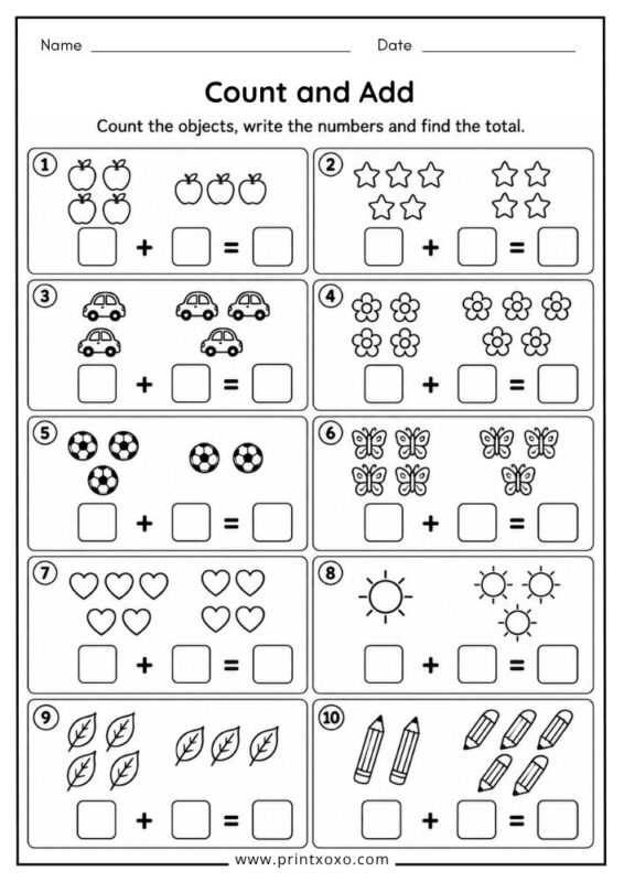 Count and Add worksheet for kindergarten