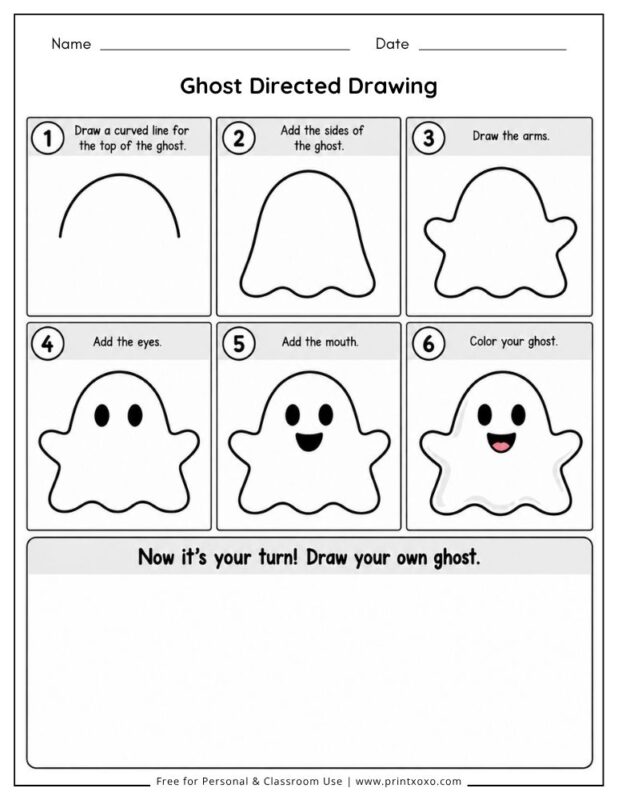 Ghost directed drawing worksheet for preschool and kindergarten