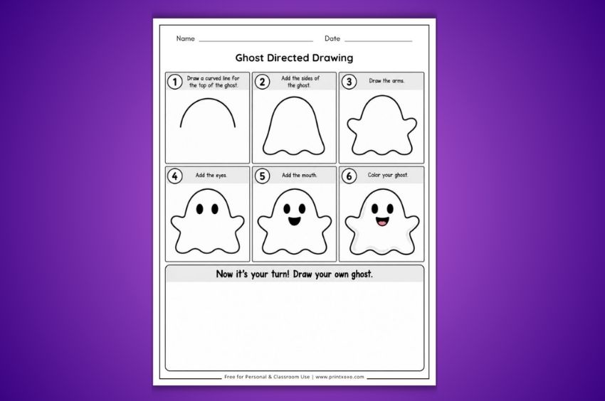 Ghost directed drawing worksheets for preschool and kindergarten