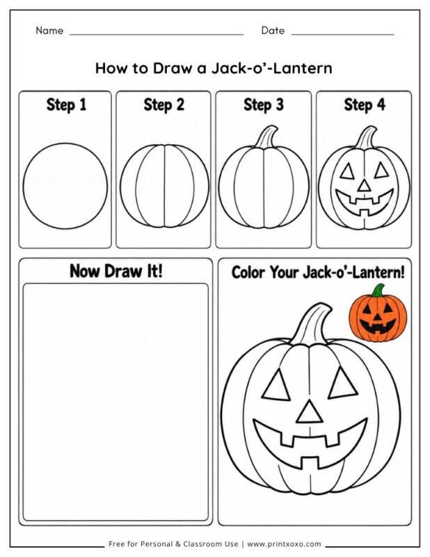 Jack-o-Lantern directed drawing worksheet for kids