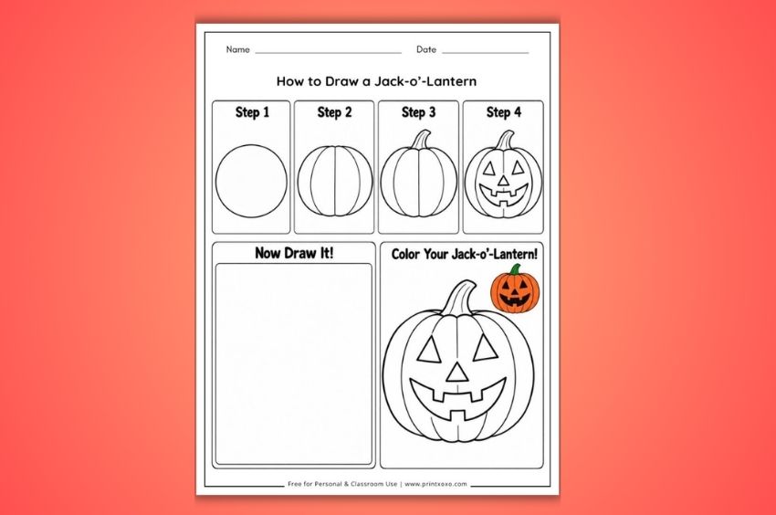 Jack-o-Lantern directed drawing worksheets for preschool and kindergarten