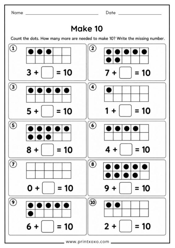 Make 10 addition worksheet for kindergarten