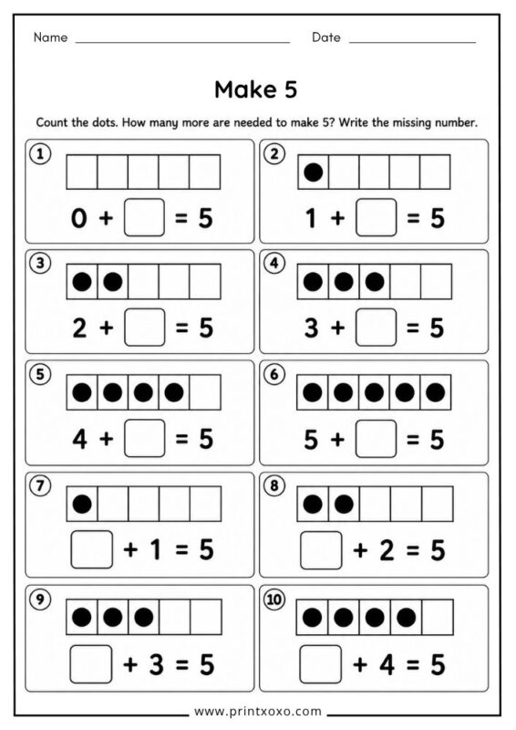 Make 5 addition worksheet for preschool and kindergarten