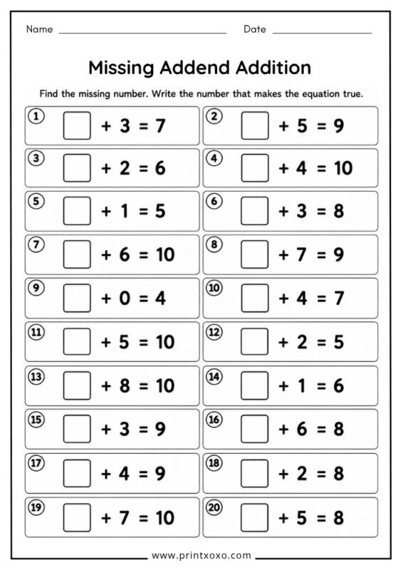 Missing Addend Addition worksheet for kindergarten