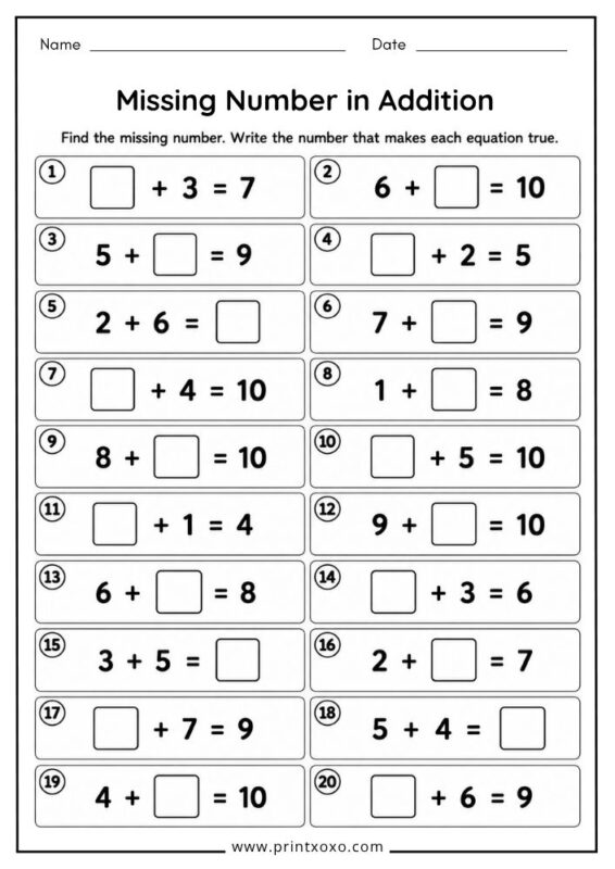 Missing Number in Addition worksheet for kindergarten