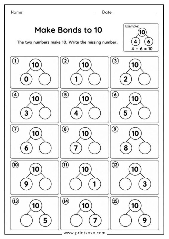 Number Bonds to 10 worksheet for kindergarten