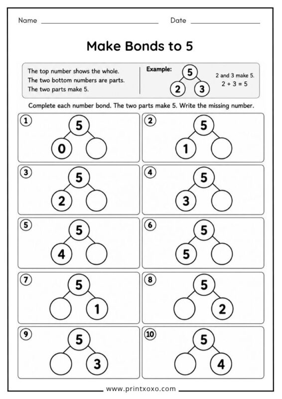 Number Bonds to 5 worksheet for kindergarten