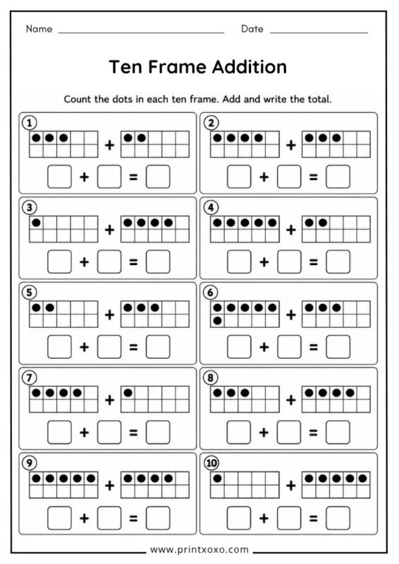 Ten Frame Addition worksheet for kindergarten