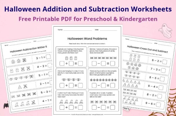 Free printable Halloween addition and subtraction worksheets for kindergarten and first grade, including ten frames, word problems and fact families