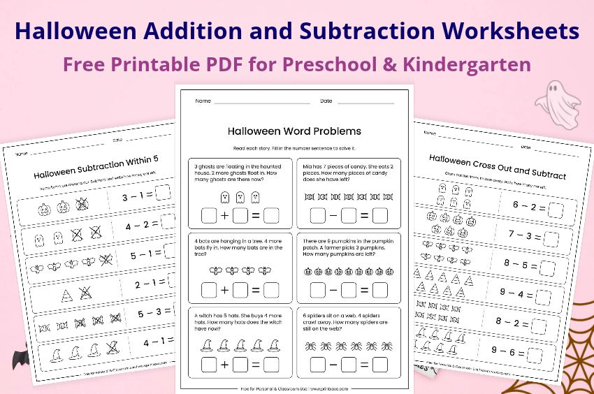 Free printable Halloween addition and subtraction worksheets for kindergarten and first grade, including ten frames, word problems and fact families