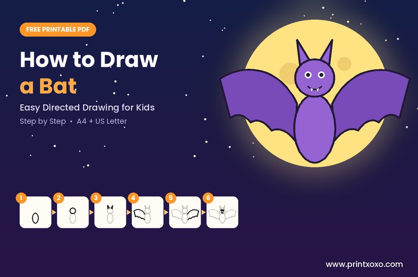 Bat directed drawing for kids with six easy steps and a colored bat in front of the moon