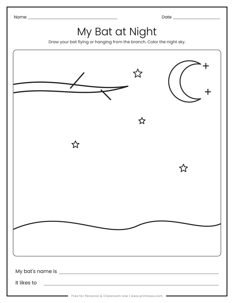 My bat at night drawing page with a moon, stars and a branch, plus lines to name the bat