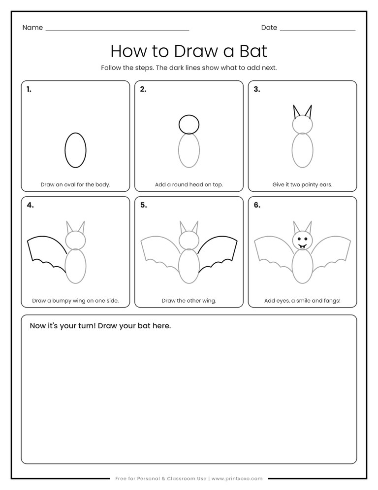 How to draw a bat directed drawing worksheet with six steps and a space to draw