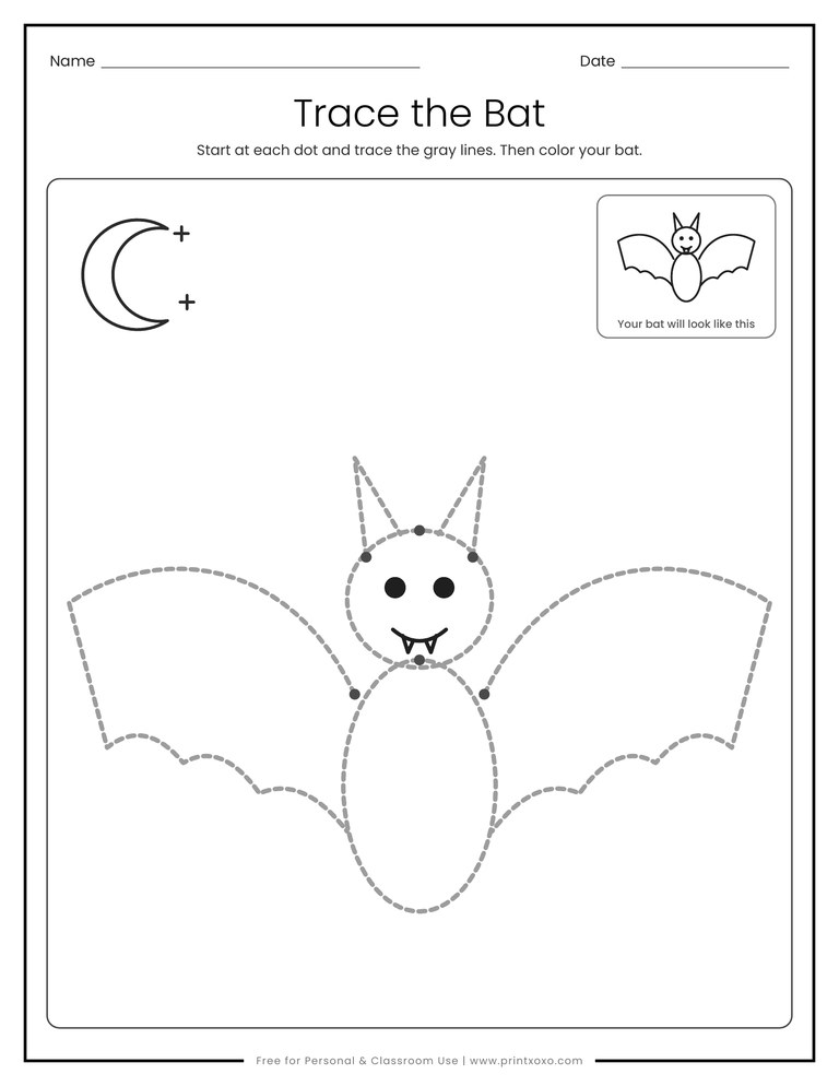 Trace the bat worksheet with a large dashed bat outline and a small finished bat for reference