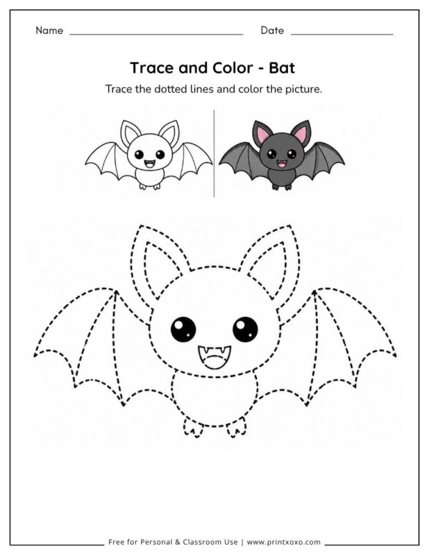 Bat tracing worksheet for preschool and kindergarten