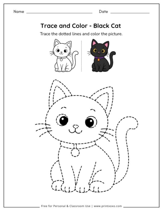 Black cat tracing worksheet for preschool and kindergarten