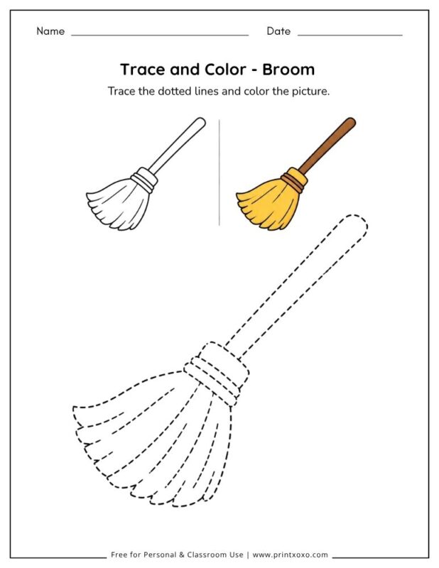 Broom tracing worksheet for preschool and kindergarten