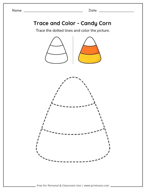 Candy corn tracing worksheet for preschool and kindergarten