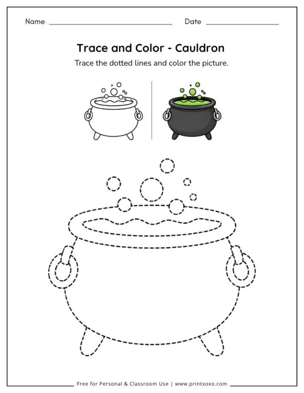 Cauldron tracing worksheet for preschool and kindergarten