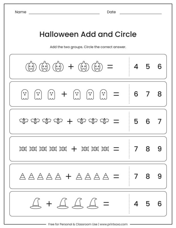Halloween add and circle worksheet showing two groups of Halloween items in each row and three number choices to circle
