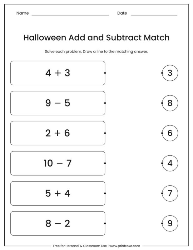 Halloween add and subtract match worksheet with six plus and minus problems on the left and answers to match on the right