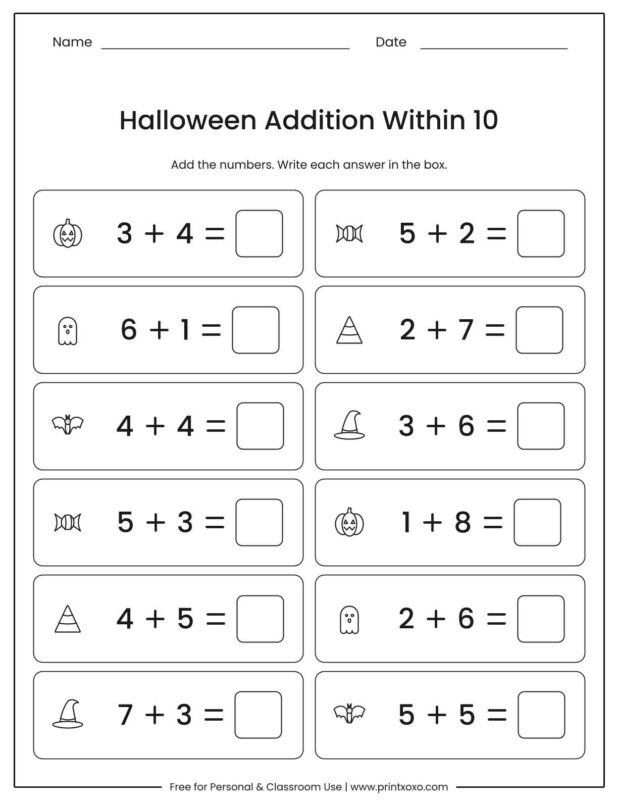 Halloween addition within 10 worksheet with twelve addition problems each with a small Halloween picture and an answer box