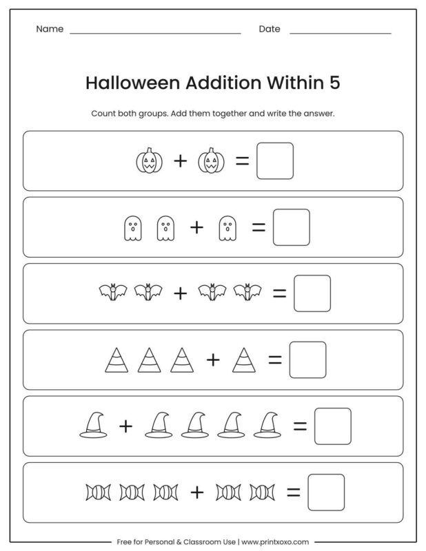 Halloween addition within 5 worksheet with groups of pumpkins, ghosts, bats, candy corn, witch hats and candy to add and write the sum