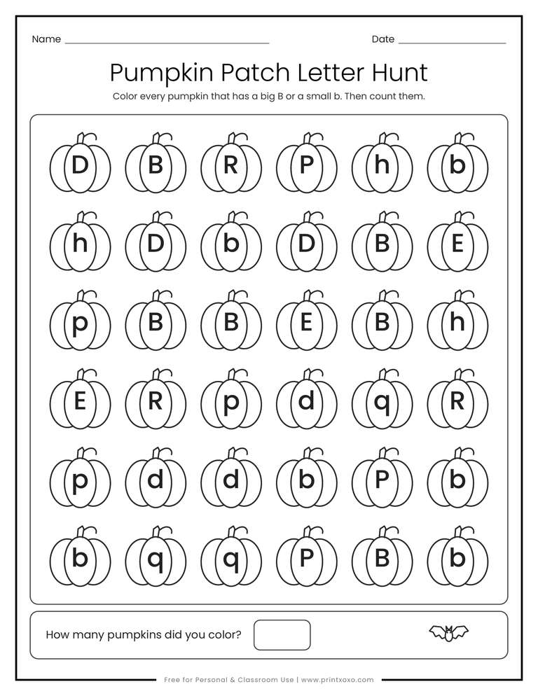 Halloween letter hunt worksheet with 36 pumpkins where kids color every pumpkin showing B or b