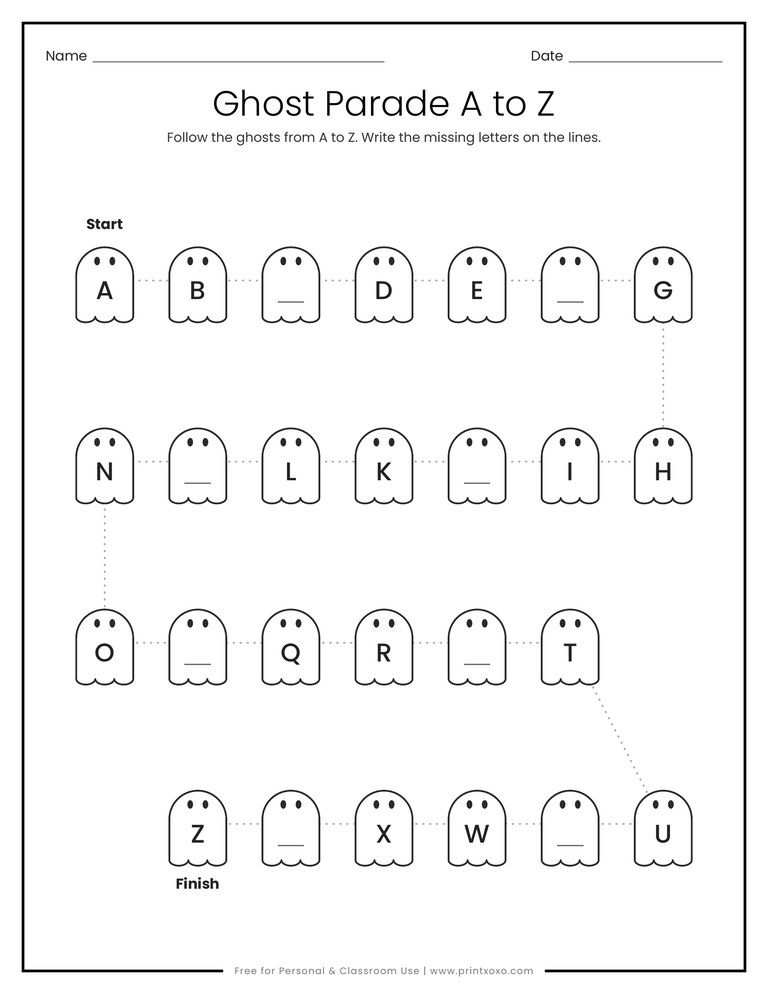 Ghost parade worksheet where children fill in the missing letters from A to Z