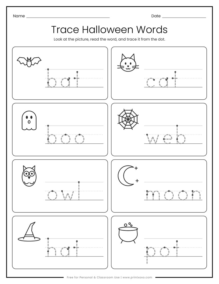 Trace Halloween words worksheet with bat, cat, boo, web, owl, moon, hat and pot on handwriting lines