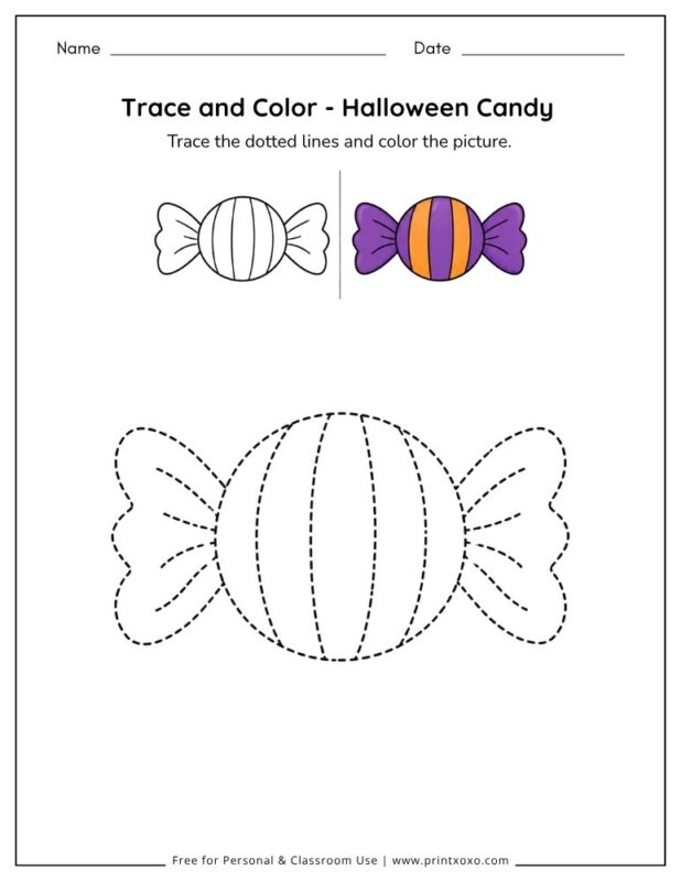 Halloween candy tracing worksheet for preschool and kindergarten