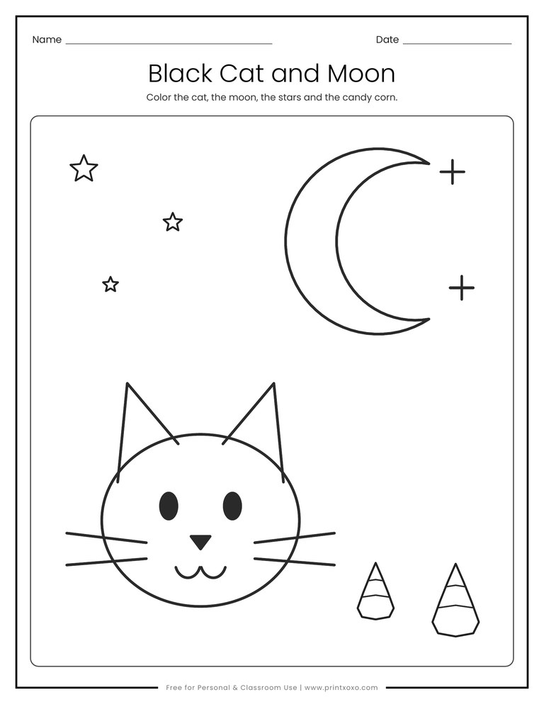 Black cat and moon Halloween coloring page with stars and candy corn