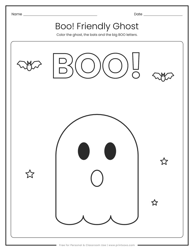 Friendly ghost coloring page with outlined BOO letters and bats