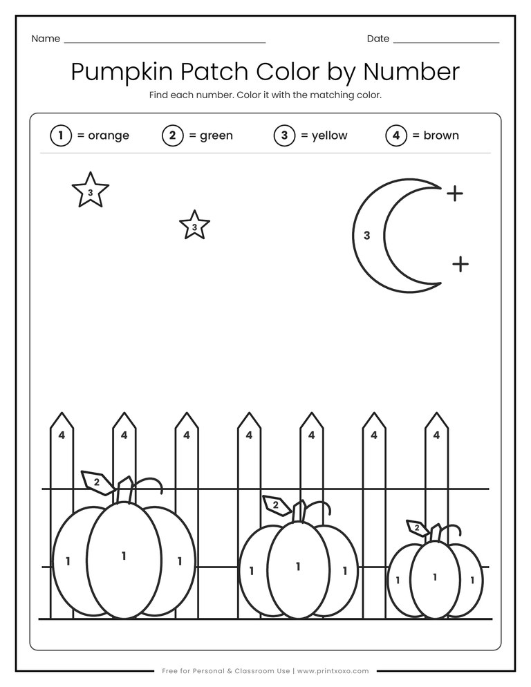 Pumpkin patch color by number page with a four color key for kindergarten