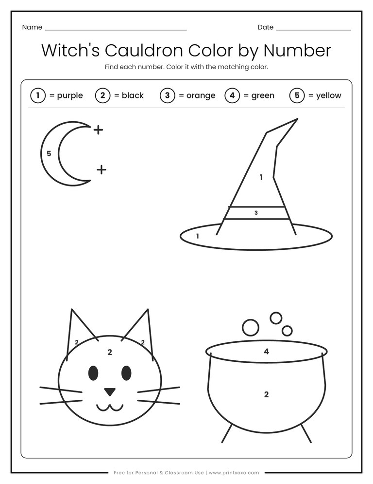 Witch cauldron color by number page with a witch hat, cat and moon