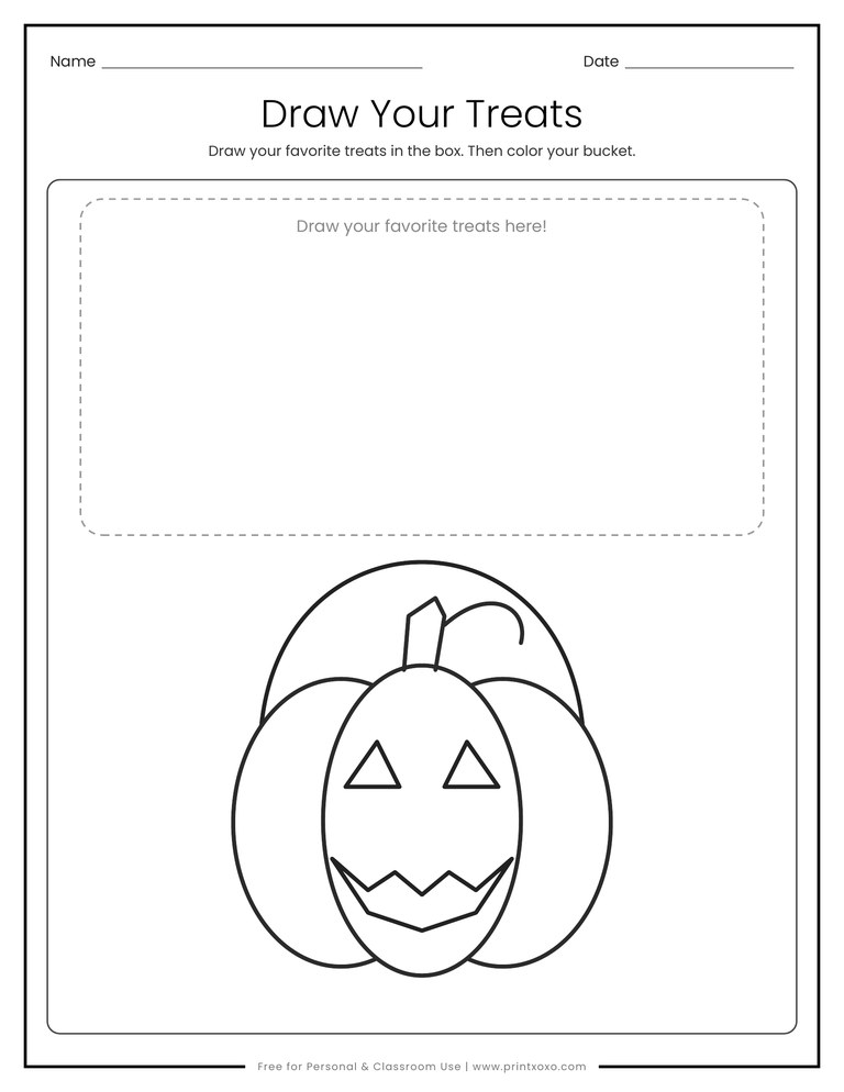 Draw your treats Halloween page with a jack-o-lantern bucket and an empty box to draw candy
