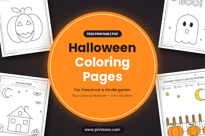 Free Halloween coloring pages for preschool and kindergarten with a jack-o-lantern, ghost, haunted house and color by number