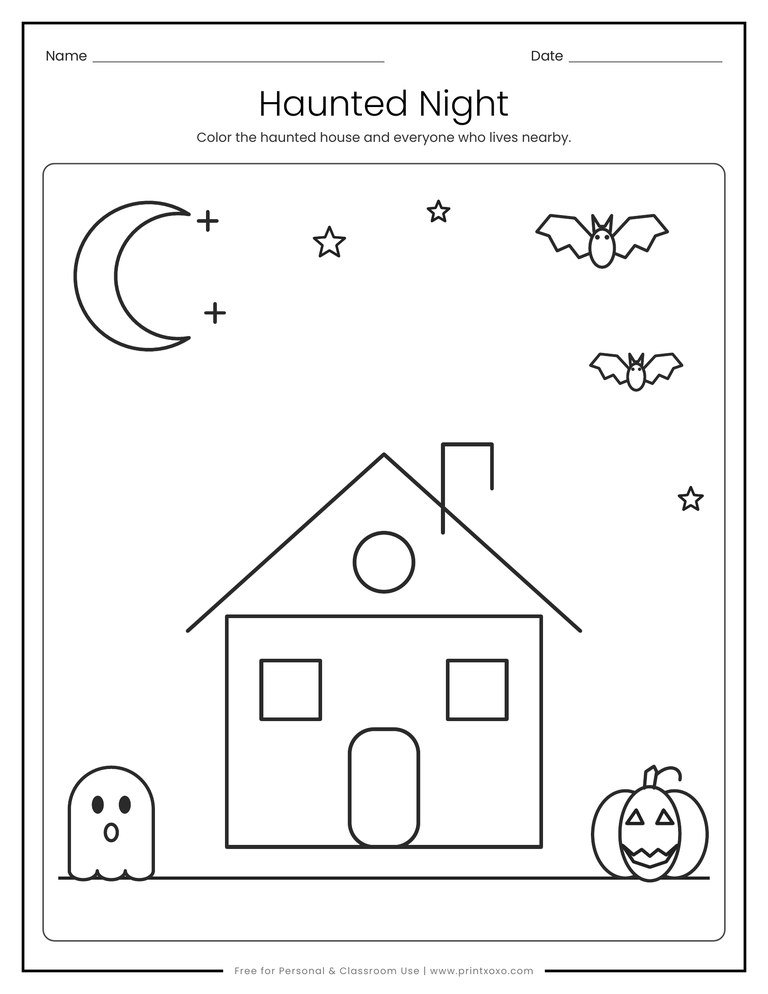 Haunted house coloring page with a ghost, bats, moon and jack-o-lantern