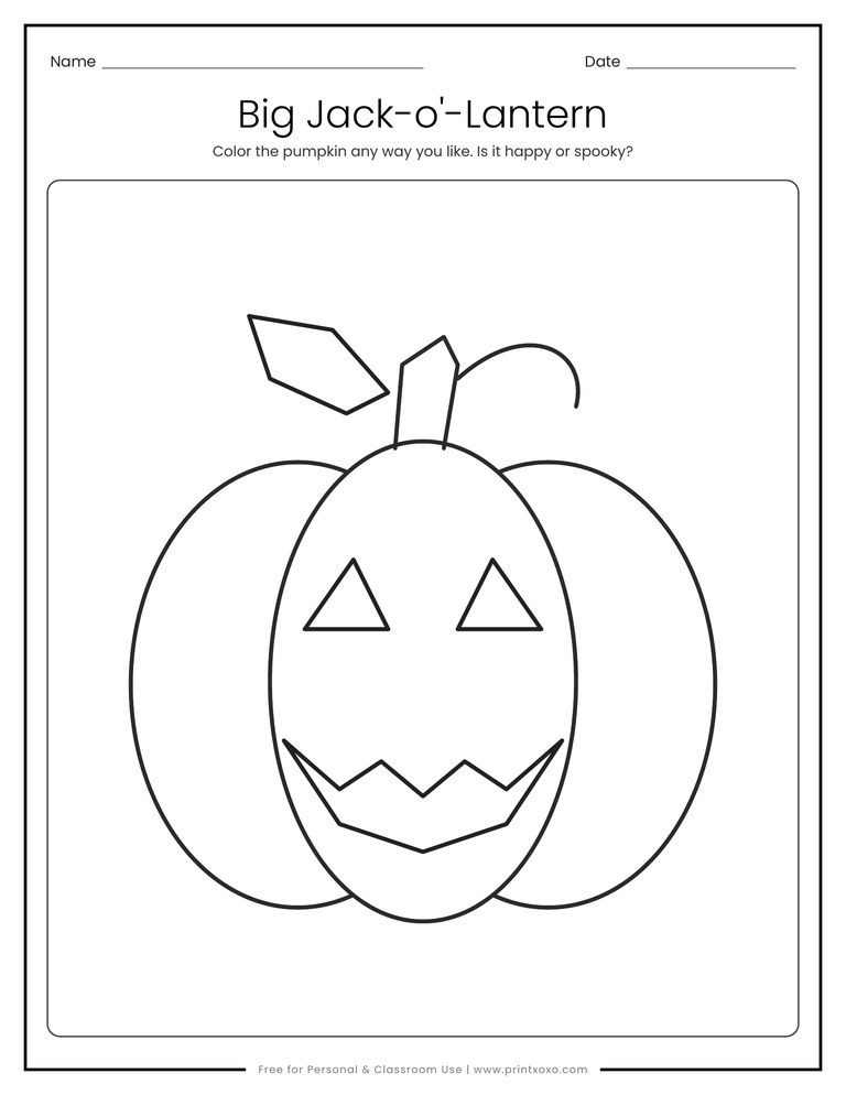Big jack-o-lantern coloring page with thick lines for preschool