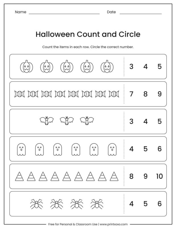 Halloween count and circle worksheet with rows of pumpkins, candy, bats, ghosts, candy corn and spiders and three number choices