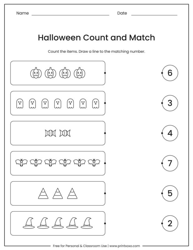 Halloween count and match worksheet where kids draw a line from each group of pumpkins, ghosts, candy, bats, candy corn and witch hats to the matching number