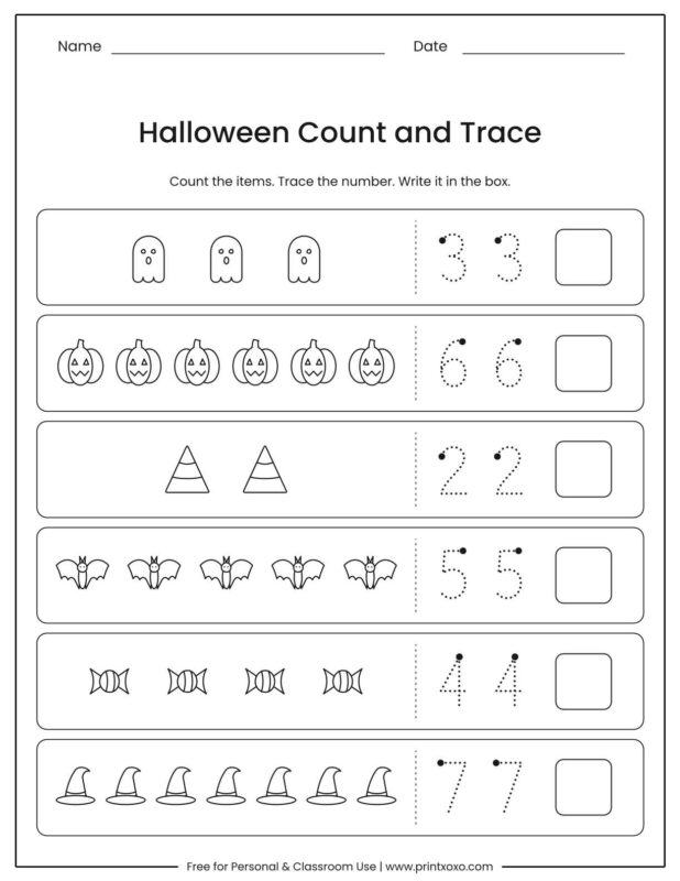 Halloween count and trace worksheet with Halloween items on the left, dotted numbers to trace and a box to write the number