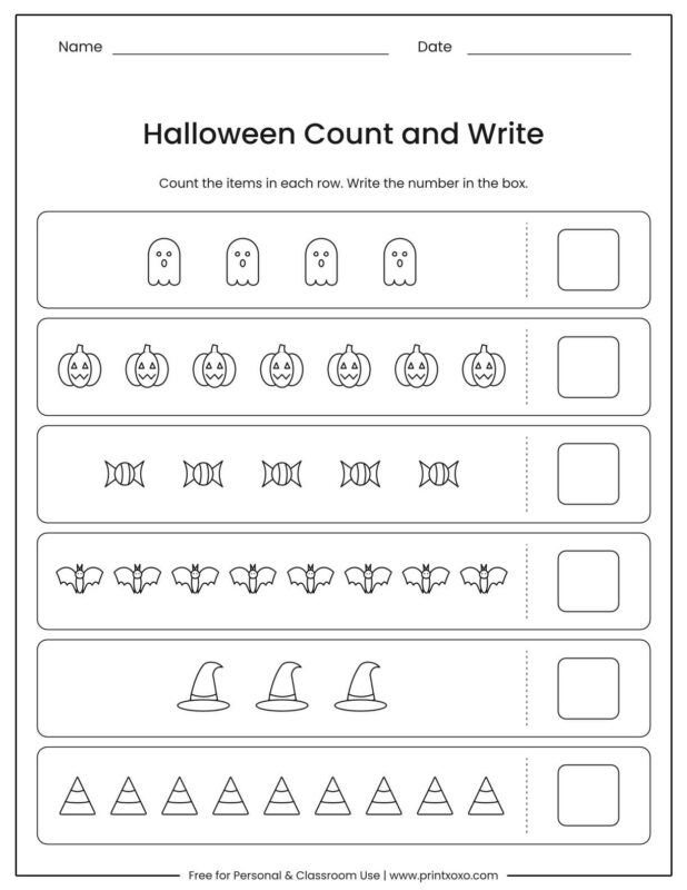 Halloween count and write worksheet with rows of ghosts, pumpkins, candy, bats, witch hats and candy corn and a box to write each number