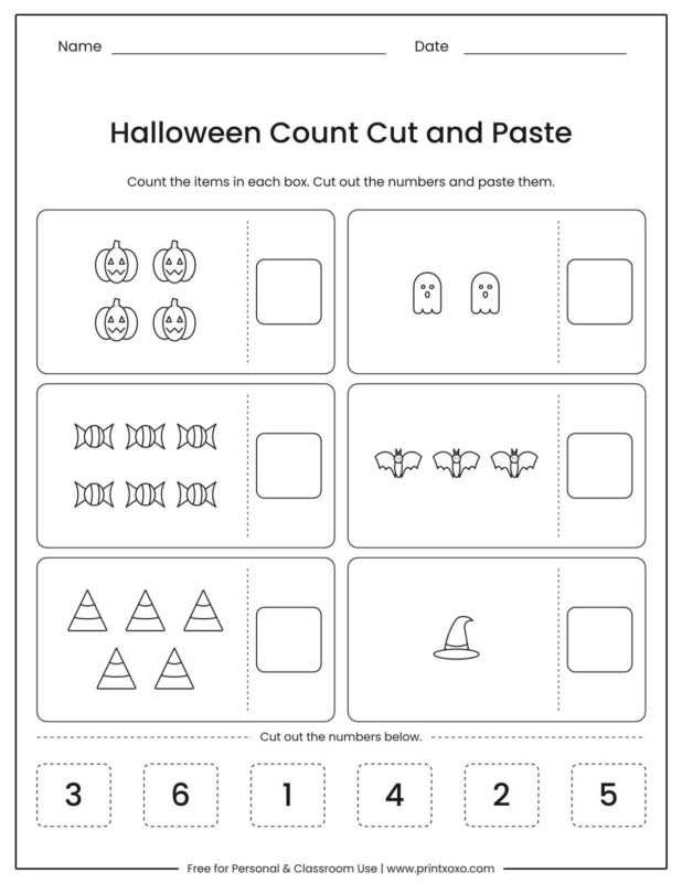 Halloween count cut and paste worksheet with six boxes of Halloween items, paste squares and number tiles to cut out