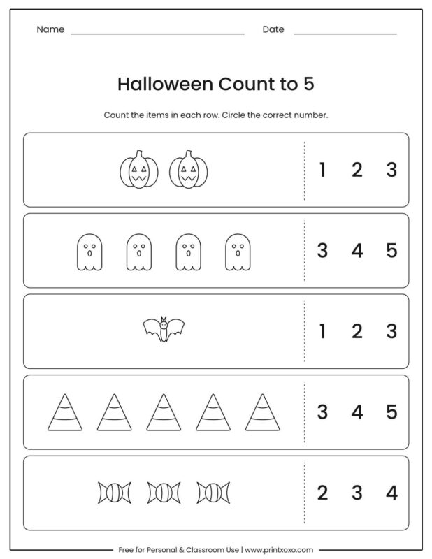 Halloween count to 5 worksheet with pumpkins, ghosts, a bat, candy corn and candy where kids circle the correct number
