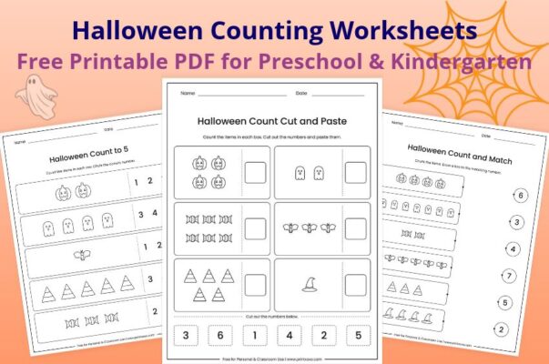 Free printable Halloween counting worksheets for preschool and kindergarten, including count and circle, count and trace and ten frames