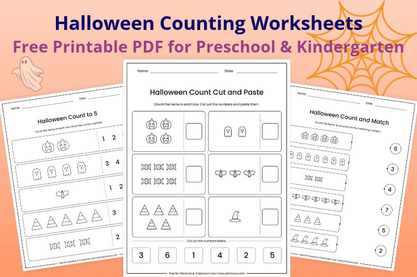 Free printable Halloween counting worksheets for preschool and kindergarten, including count and circle, count and trace and ten frames