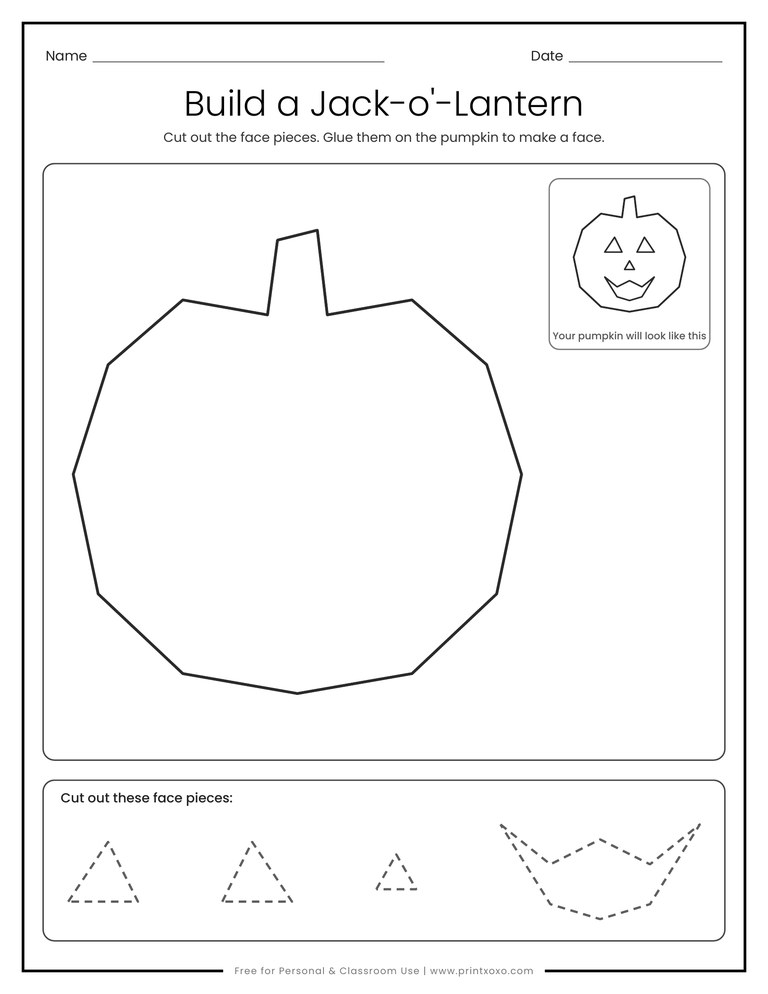 Build a jack-o-lantern cut and paste worksheet with face pieces to cut out and glue on a pumpkin